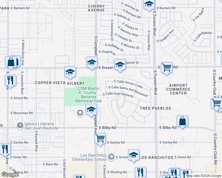 map of restaurants, bars, coffee shops, grocery stores, and more near 2027 East Calle Sierra Del Manantial in Tucson