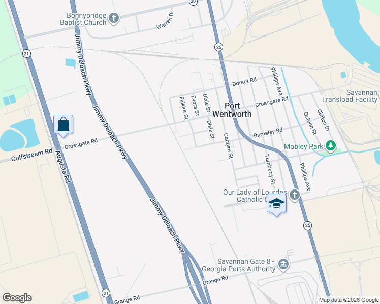 map of restaurants, bars, coffee shops, grocery stores, and more near 904 Barnsley Road in Port Wentworth