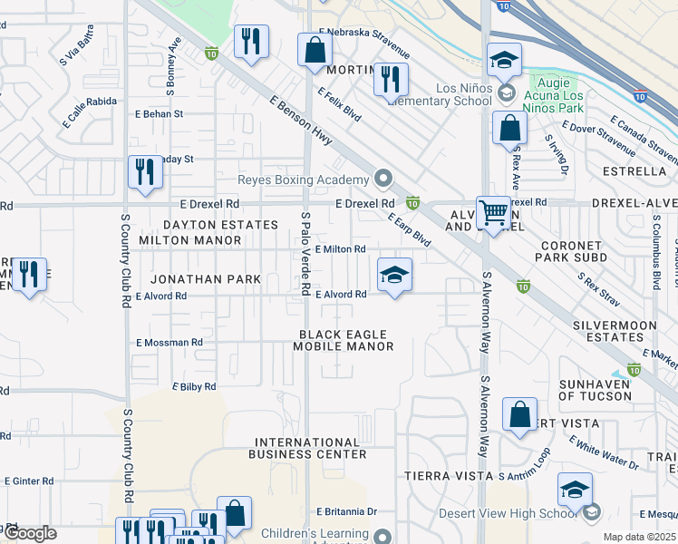 map of restaurants, bars, coffee shops, grocery stores, and more near 3535 East Alvord Road in Tucson