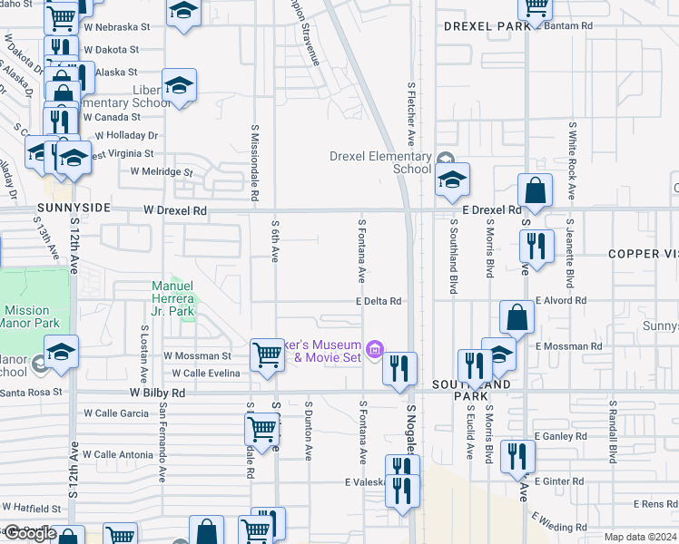 map of restaurants, bars, coffee shops, grocery stores, and more near 5814 South Fontana Avenue in Tucson