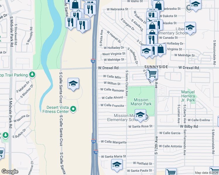 map of restaurants, bars, coffee shops, grocery stores, and more near 933 West Milton Street in Tucson