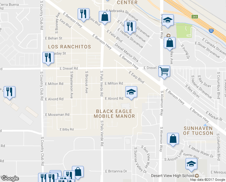 map of restaurants, bars, coffee shops, grocery stores, and more near 3535 East Alvord Road in Tucson
