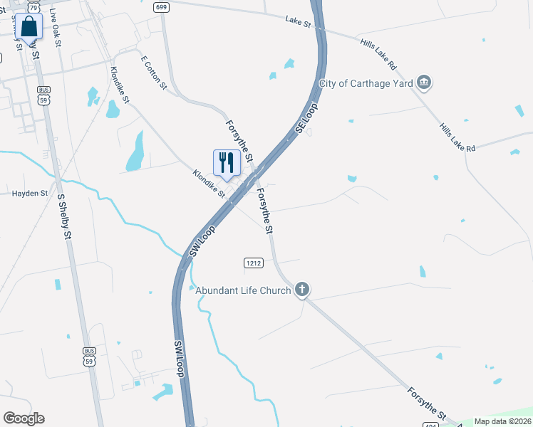 map of restaurants, bars, coffee shops, grocery stores, and more near 123 Carswell Road in Carthage