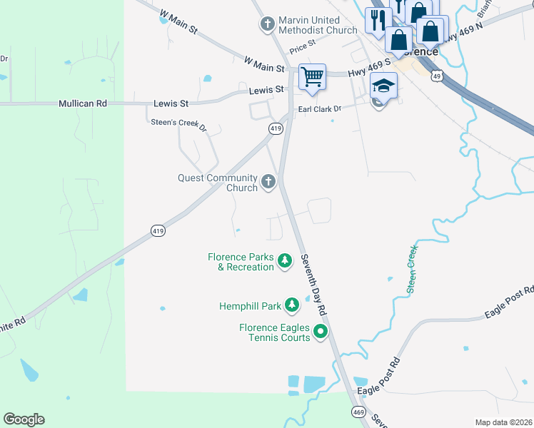 map of restaurants, bars, coffee shops, grocery stores, and more near 1056 Spanish Oak Boulevard in Florence