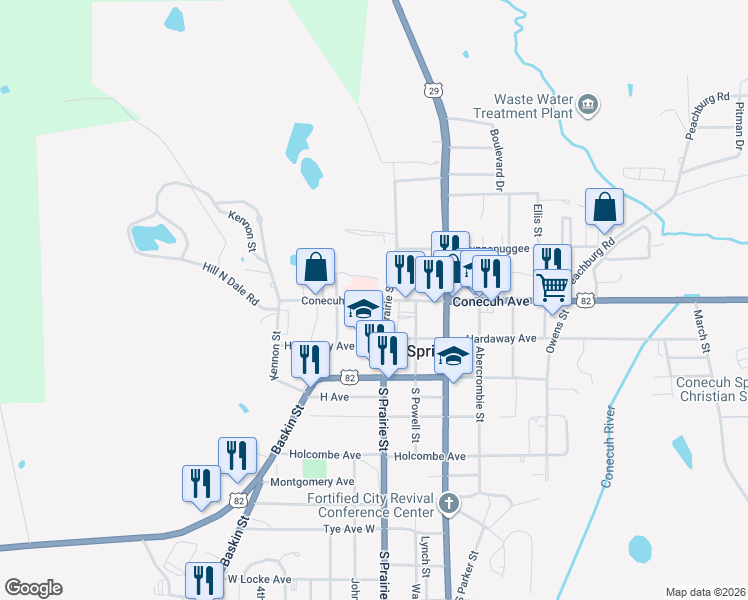 map of restaurants, bars, coffee shops, grocery stores, and more near 305 North Prairie Street in Union Springs