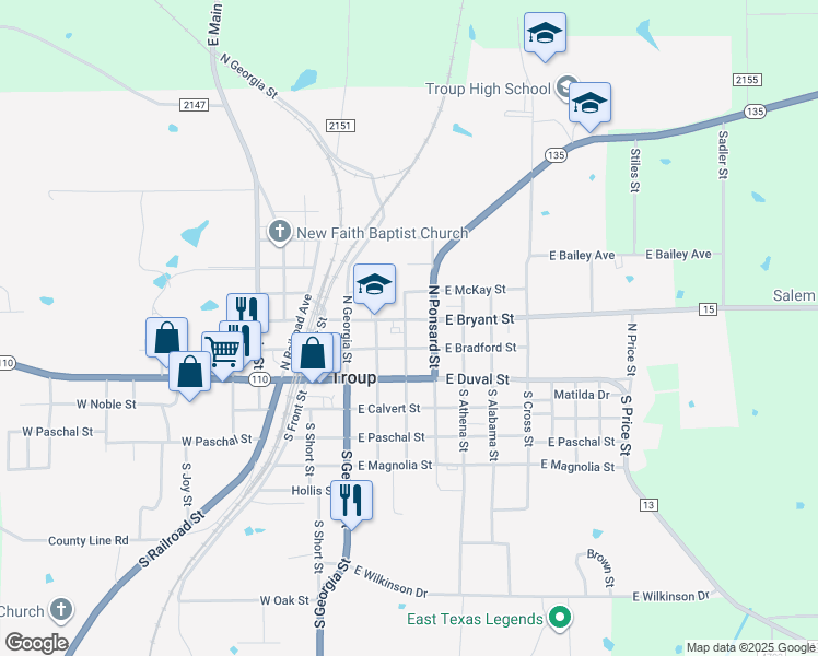 map of restaurants, bars, coffee shops, grocery stores, and more near 208 North Carolina Street in Troup