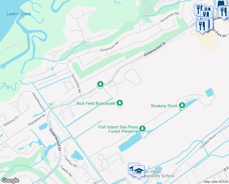 map of restaurants, bars, coffee shops, grocery stores, and more near 6 Shell Ring Road in Hilton Head Island