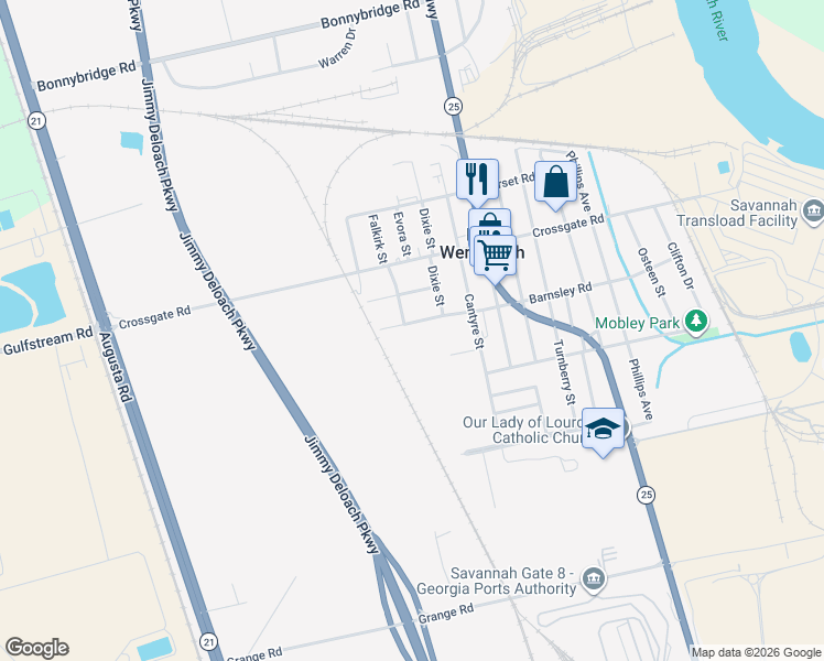 map of restaurants, bars, coffee shops, grocery stores, and more near 904 Barnsley Road in Port Wentworth