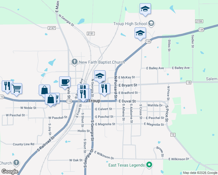 map of restaurants, bars, coffee shops, grocery stores, and more near 306 East Bryant Street in Troup
