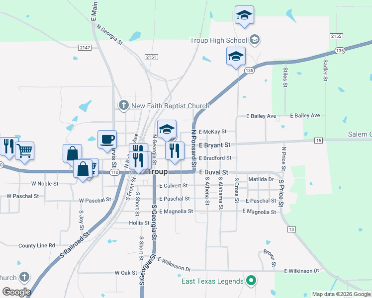 map of restaurants, bars, coffee shops, grocery stores, and more near 306 East Bryant Street in Troup