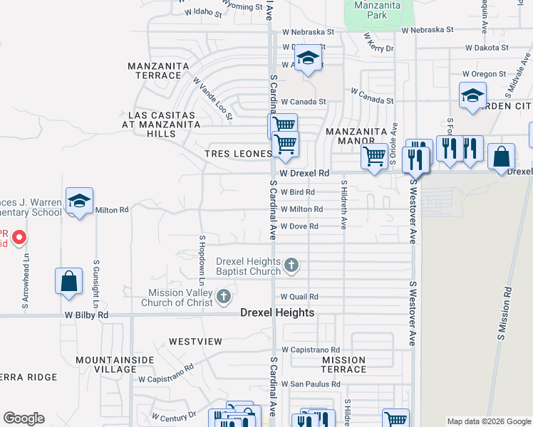 map of restaurants, bars, coffee shops, grocery stores, and more near 2901 West Milton Road in Tucson