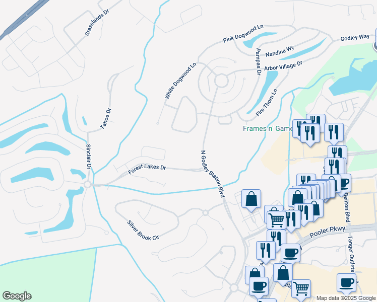 map of restaurants, bars, coffee shops, grocery stores, and more near 385 North Godley Station Boulevard in Pooler