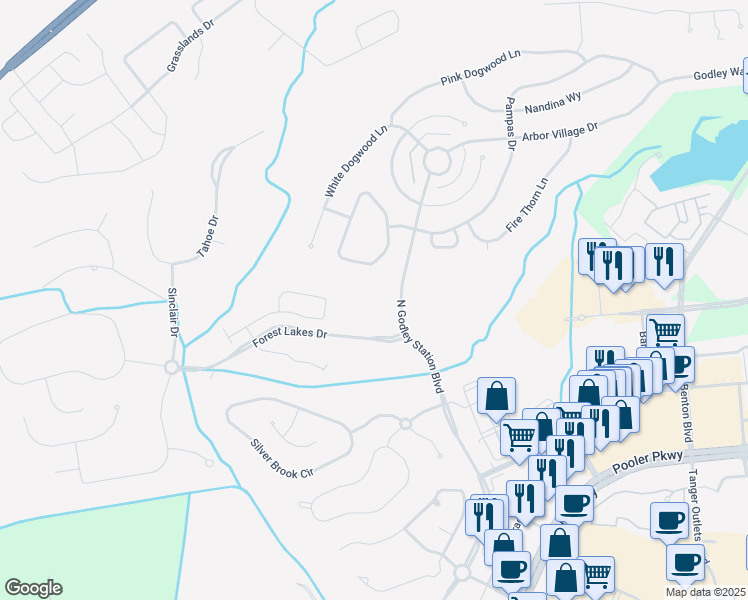 map of restaurants, bars, coffee shops, grocery stores, and more near 385 North Godley Station Boulevard in Pooler