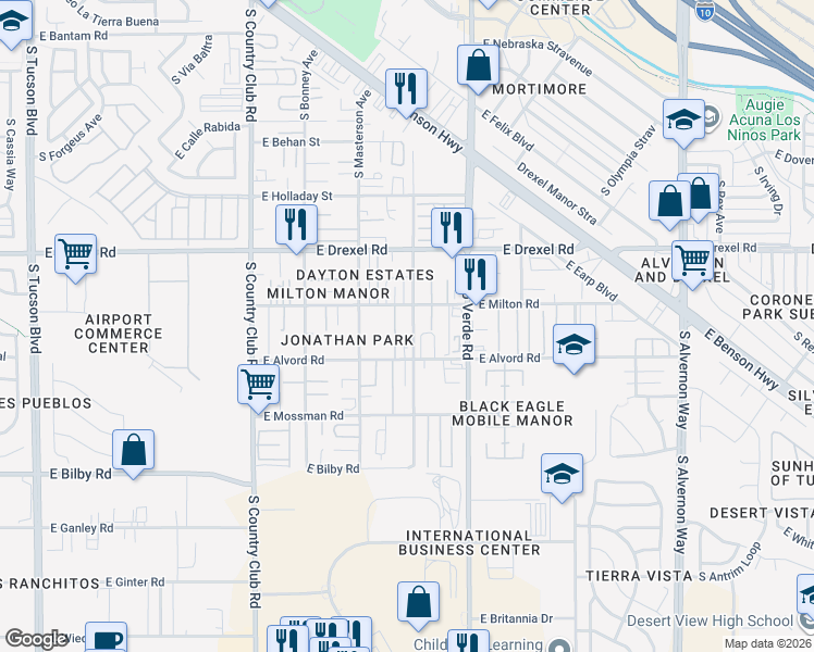 map of restaurants, bars, coffee shops, grocery stores, and more near 5805 South Emerson Place in Tucson