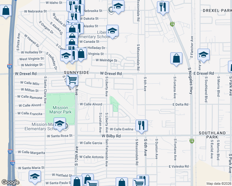 map of restaurants, bars, coffee shops, grocery stores, and more near 5809 South Calle Rayo De Luna in Tucson