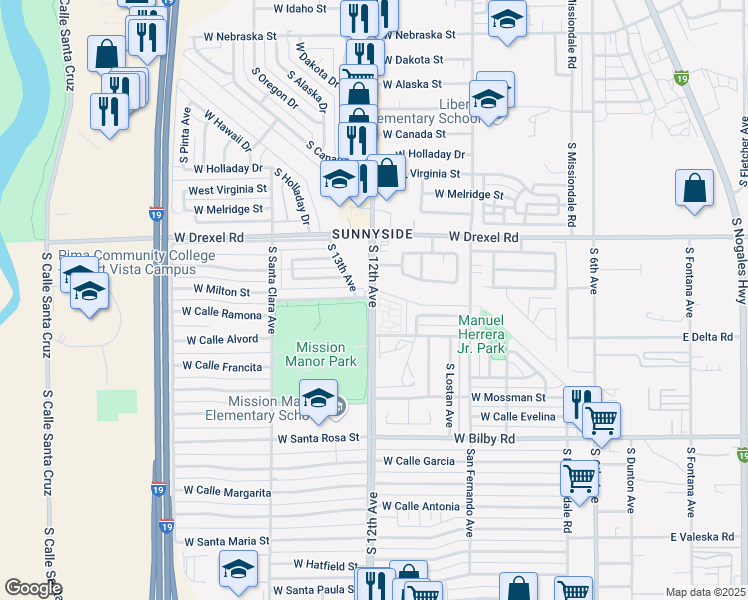 map of restaurants, bars, coffee shops, grocery stores, and more near 5801 South 12th Avenue in Tucson