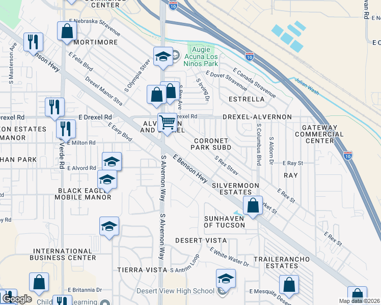 map of restaurants, bars, coffee shops, grocery stores, and more near 5731 South Alvernon Way in Tucson