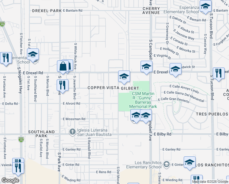 map of restaurants, bars, coffee shops, grocery stores, and more near 1526 East Milton Road in Tucson