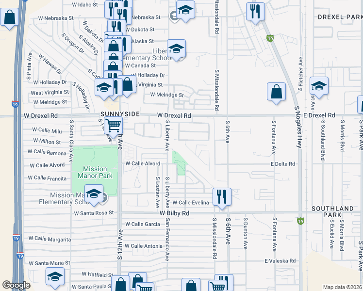 map of restaurants, bars, coffee shops, grocery stores, and more near 5809 South Calle Rayo De Luna in Tucson