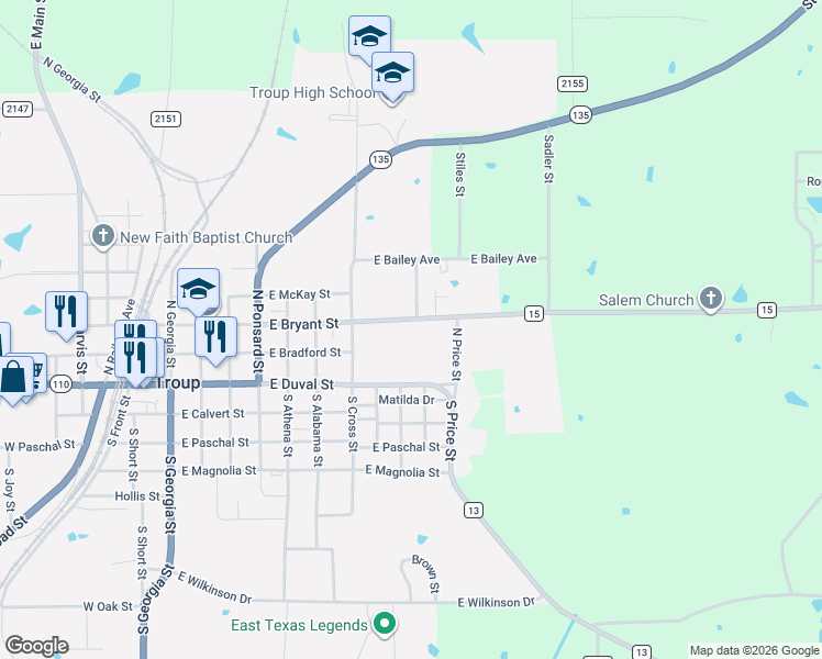 map of restaurants, bars, coffee shops, grocery stores, and more near 906 East Bryant Street in Troup