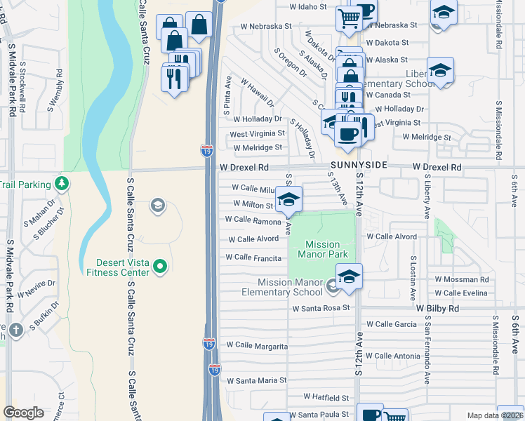map of restaurants, bars, coffee shops, grocery stores, and more near 849 W Milton St in Tucson