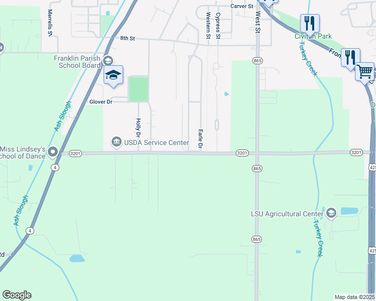 map of restaurants, bars, coffee shops, grocery stores, and more near 3296 Baldwin Drive in Winnsboro