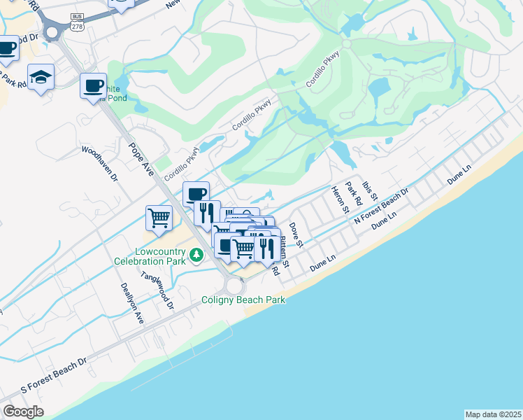 map of restaurants, bars, coffee shops, grocery stores, and more near 30 Valencia Road in Hilton Head Island