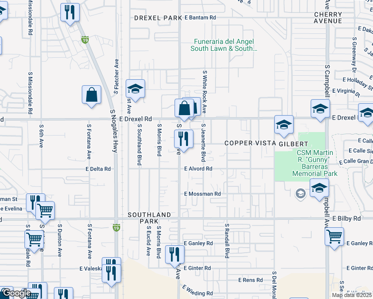map of restaurants, bars, coffee shops, grocery stores, and more near 1016 East Milton Road in Tucson
