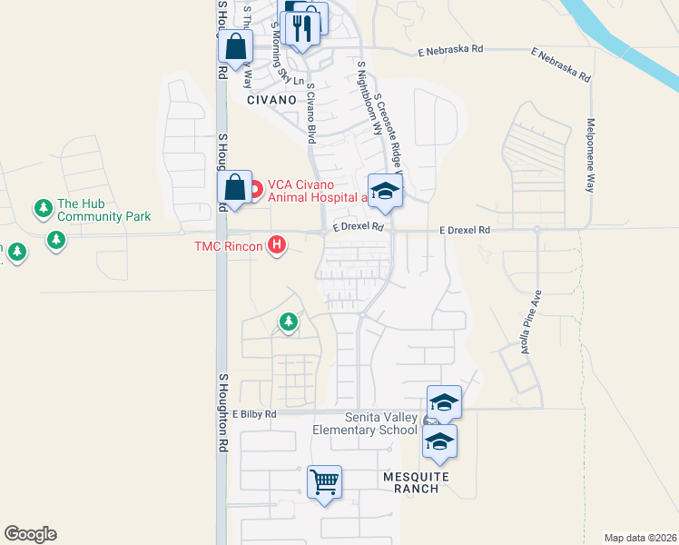 map of restaurants, bars, coffee shops, grocery stores, and more near 10541 East Native Rose Trail in Tucson