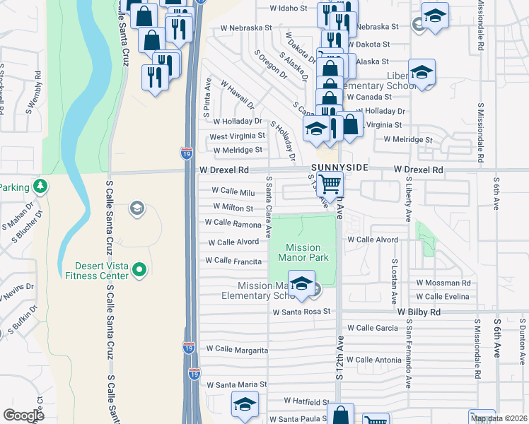 map of restaurants, bars, coffee shops, grocery stores, and more near 801 West Milton Street in Tucson