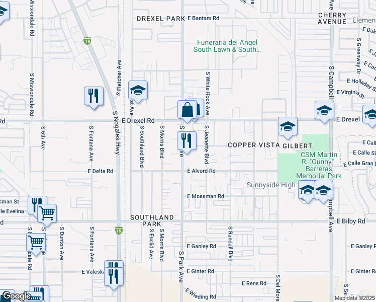 map of restaurants, bars, coffee shops, grocery stores, and more near 1050 East Milton Road in Tucson