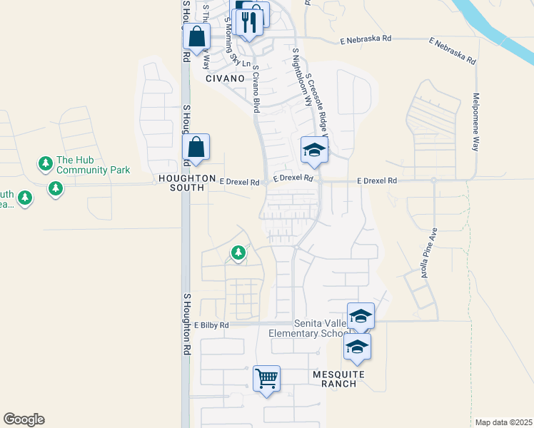 map of restaurants, bars, coffee shops, grocery stores, and more near 10541 East Native Rose Trail in Tucson