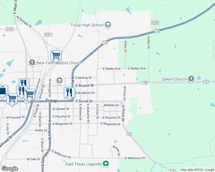 map of restaurants, bars, coffee shops, grocery stores, and more near 902 East Bryant Street in Troup