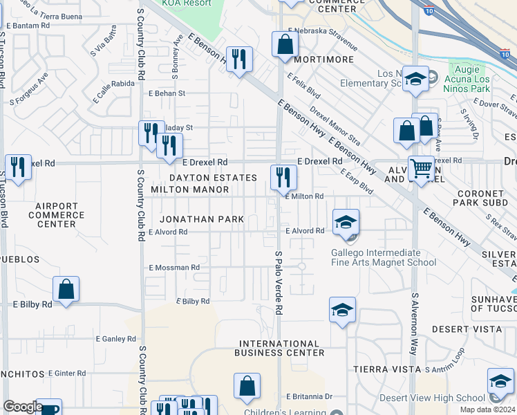 map of restaurants, bars, coffee shops, grocery stores, and more near 5807 South Jones Avenue in Tucson