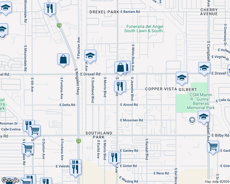 map of restaurants, bars, coffee shops, grocery stores, and more near 5810 South Park Avenue in Tucson