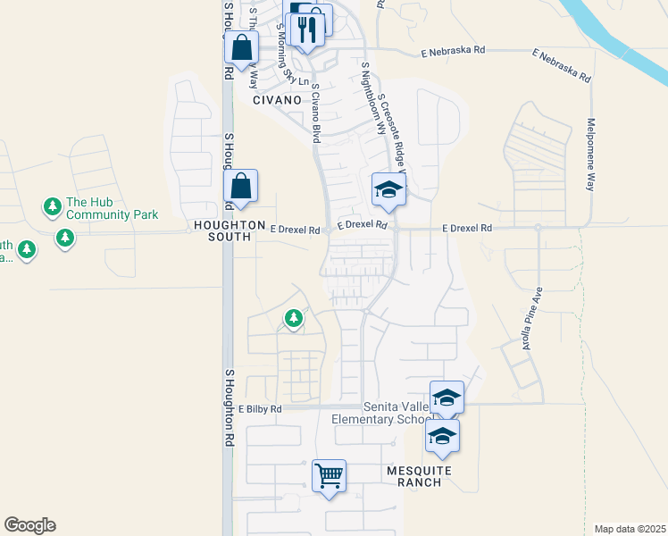 map of restaurants, bars, coffee shops, grocery stores, and more near 10541 East Native Rose Trail in Tucson