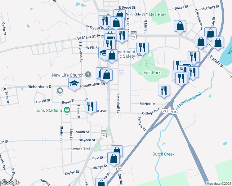map of restaurants, bars, coffee shops, grocery stores, and more near 706 South Marshall Street in Henderson