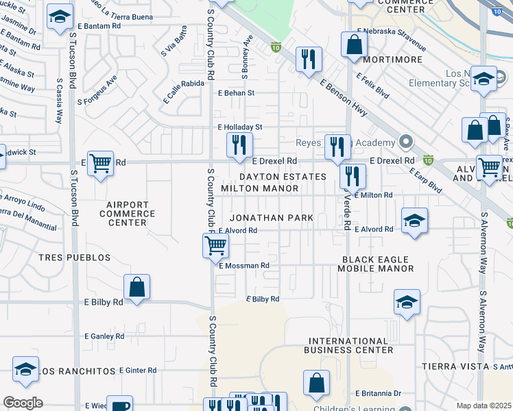 map of restaurants, bars, coffee shops, grocery stores, and more near 3224 East Milton Road in Tucson