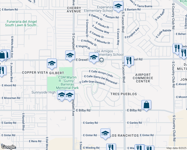 map of restaurants, bars, coffee shops, grocery stores, and more near 2153 East Calle Sierra Del Manantial in Tucson