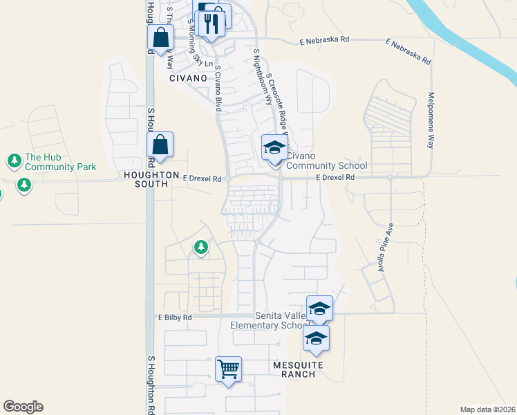 map of restaurants, bars, coffee shops, grocery stores, and more near 10615 East Native Rose Trail in Tucson