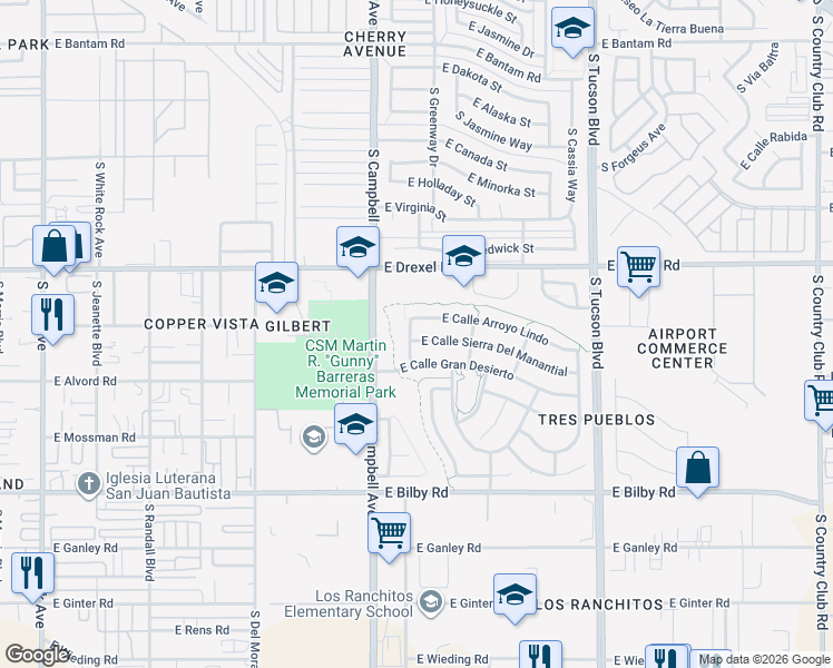 map of restaurants, bars, coffee shops, grocery stores, and more near 2027 East Calle Sierra Del Manantial in Tucson