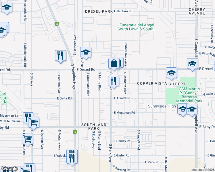map of restaurants, bars, coffee shops, grocery stores, and more near 5810 South Park Avenue in Tucson