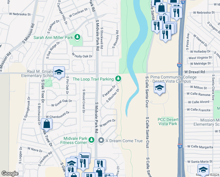 map of restaurants, bars, coffee shops, grocery stores, and more near 5810 South Mahan Drive in Tucson