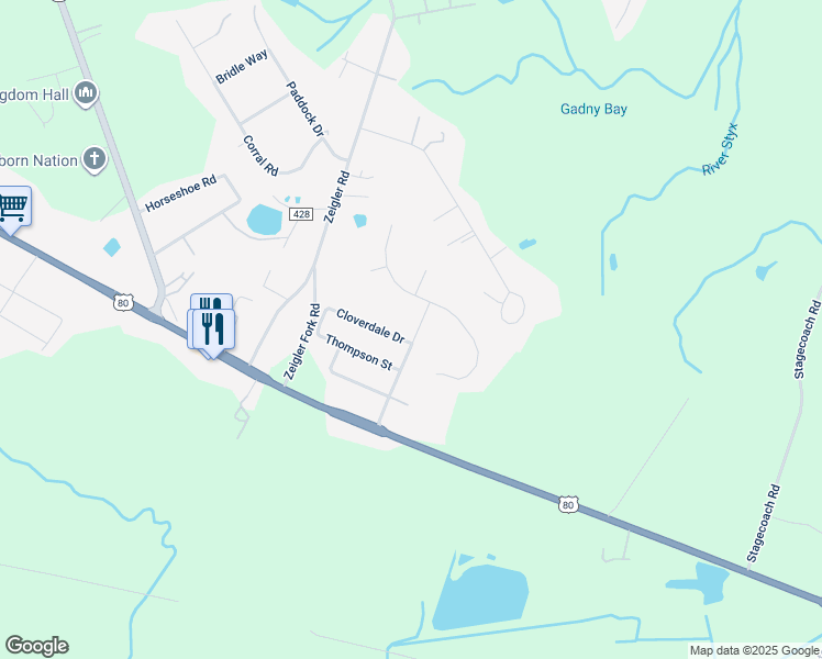 map of restaurants, bars, coffee shops, grocery stores, and more near 110 Cloverdale Drive in Bloomingdale