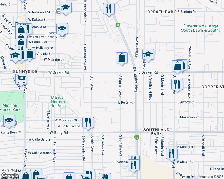 map of restaurants, bars, coffee shops, grocery stores, and more near 5814 South Fontana Avenue in Tucson