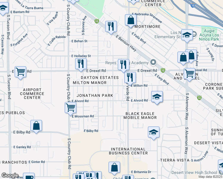 map of restaurants, bars, coffee shops, grocery stores, and more near 5805 South Emerson Place in Tucson