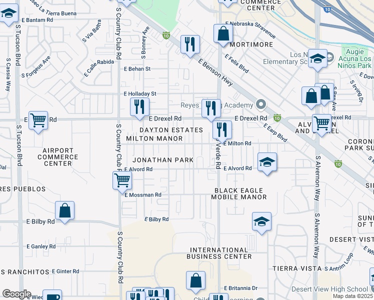 map of restaurants, bars, coffee shops, grocery stores, and more near 5805 South Emerson Place in Tucson