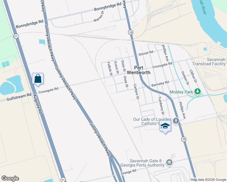 map of restaurants, bars, coffee shops, grocery stores, and more near 904 Barnsley Road in Port Wentworth