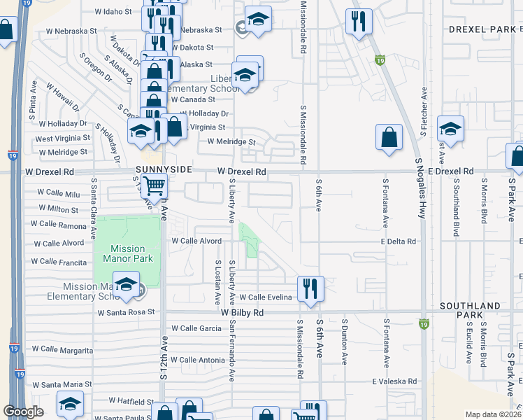 map of restaurants, bars, coffee shops, grocery stores, and more near 5809 South Calle Rayo De Luna in Tucson