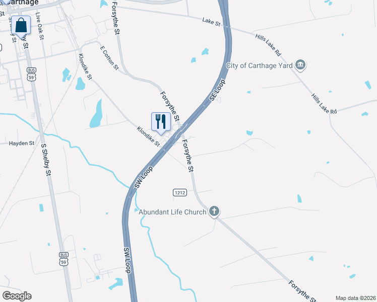 map of restaurants, bars, coffee shops, grocery stores, and more near 123 Carswell Road in Carthage